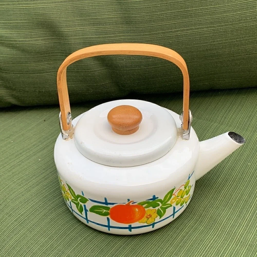 1950's Fruit Persimmon Vintage enamel‎ tea pot kettle floral cottagecore antique